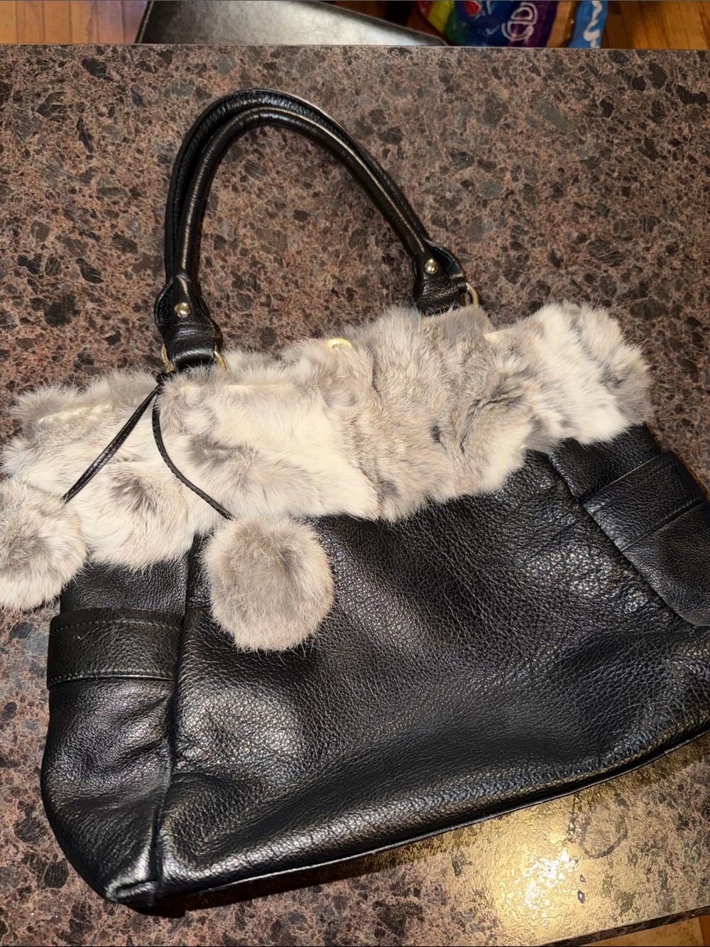 Diane Gail Black Leather Tote with Gray Rabbit Fur Trim - Women's Handbag